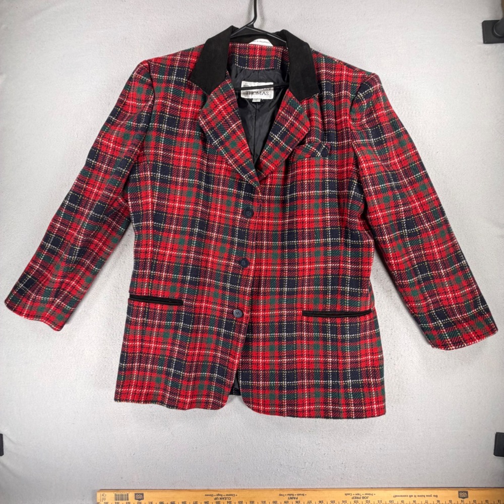 Brandon Thomas Women Large Red Tartan Plaid Blazer Black Contrast Collar Festive